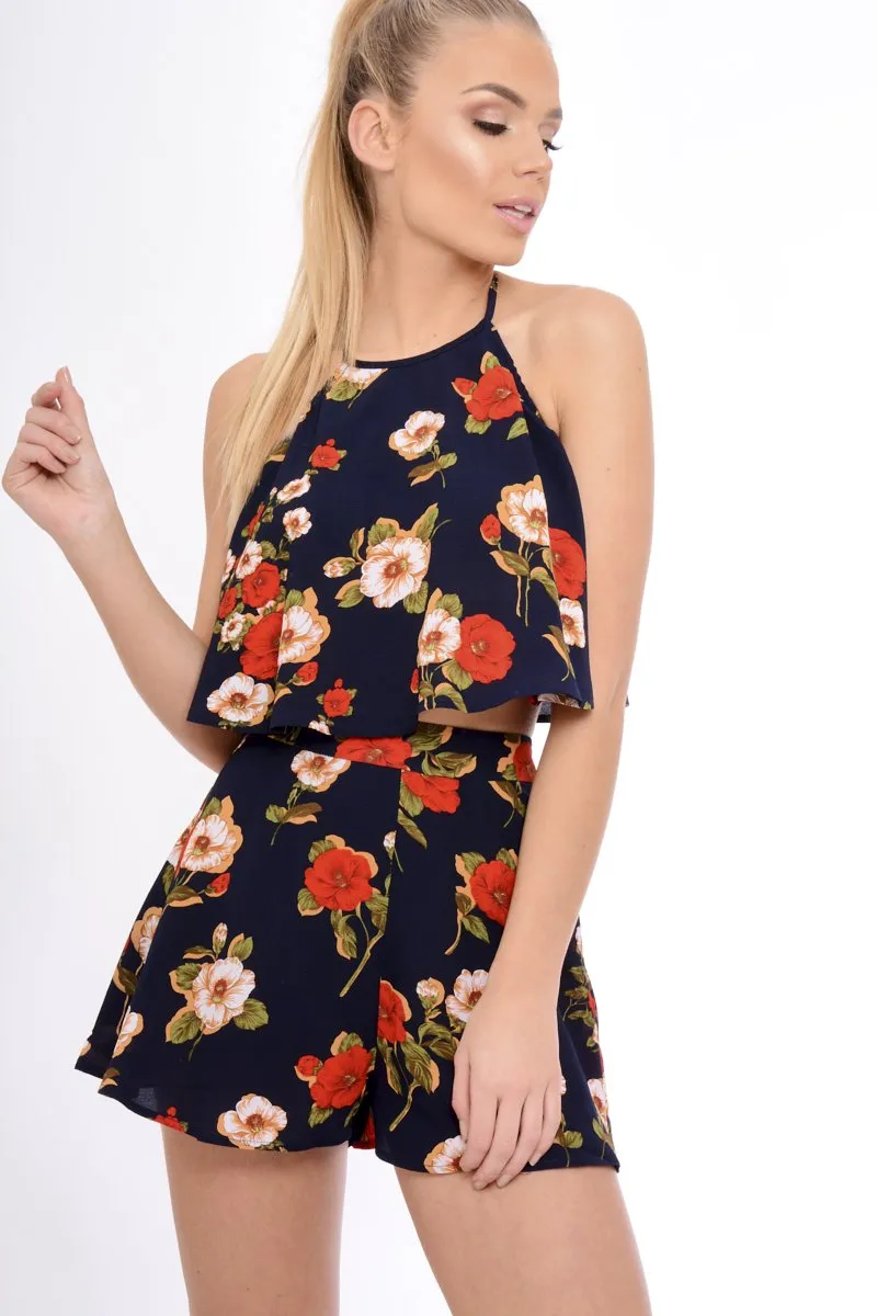 Navy Floral High Waisted Shorts - Kamisha