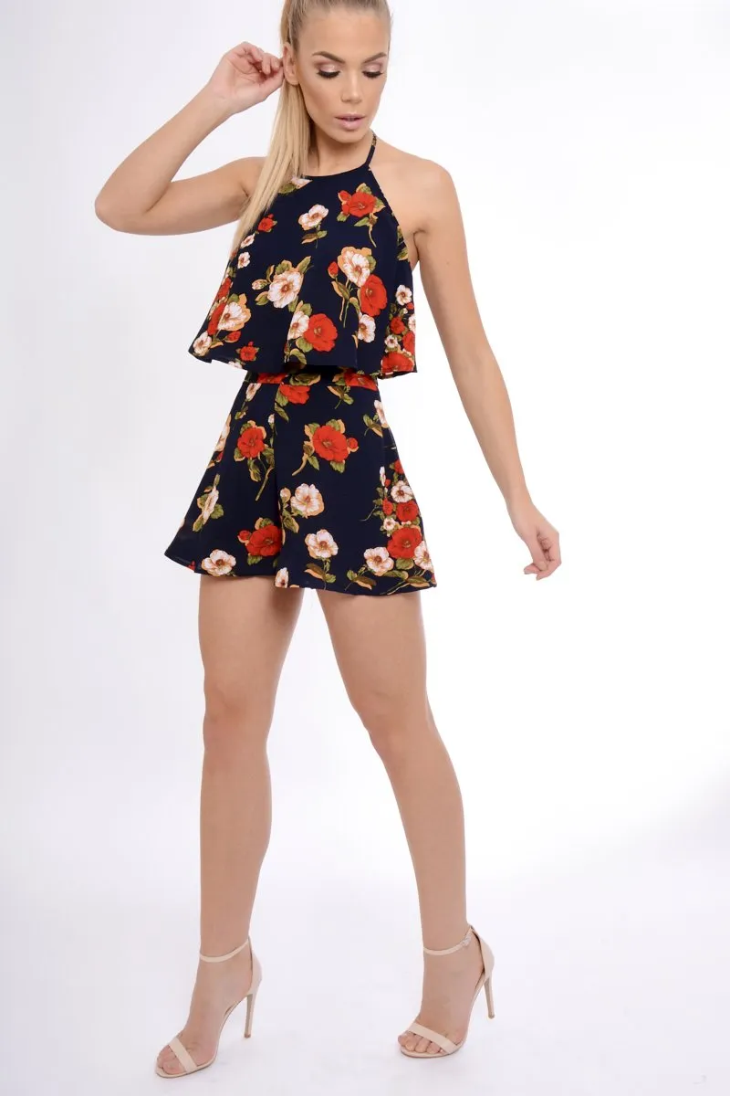 Navy Floral High Waisted Shorts - Kamisha