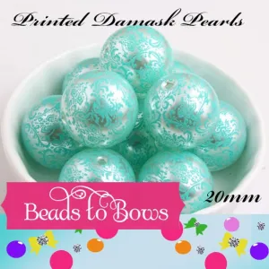NEW 20mm Printed Damask Pearls, Mint On White Bubblegum Pearls, Chunky Gumball Beads, Bubblegum Bead Supply, Chunky Printed Pearl Beads
