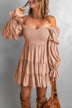 Pink Boho Solid Shirred Ruffle Mini Dress