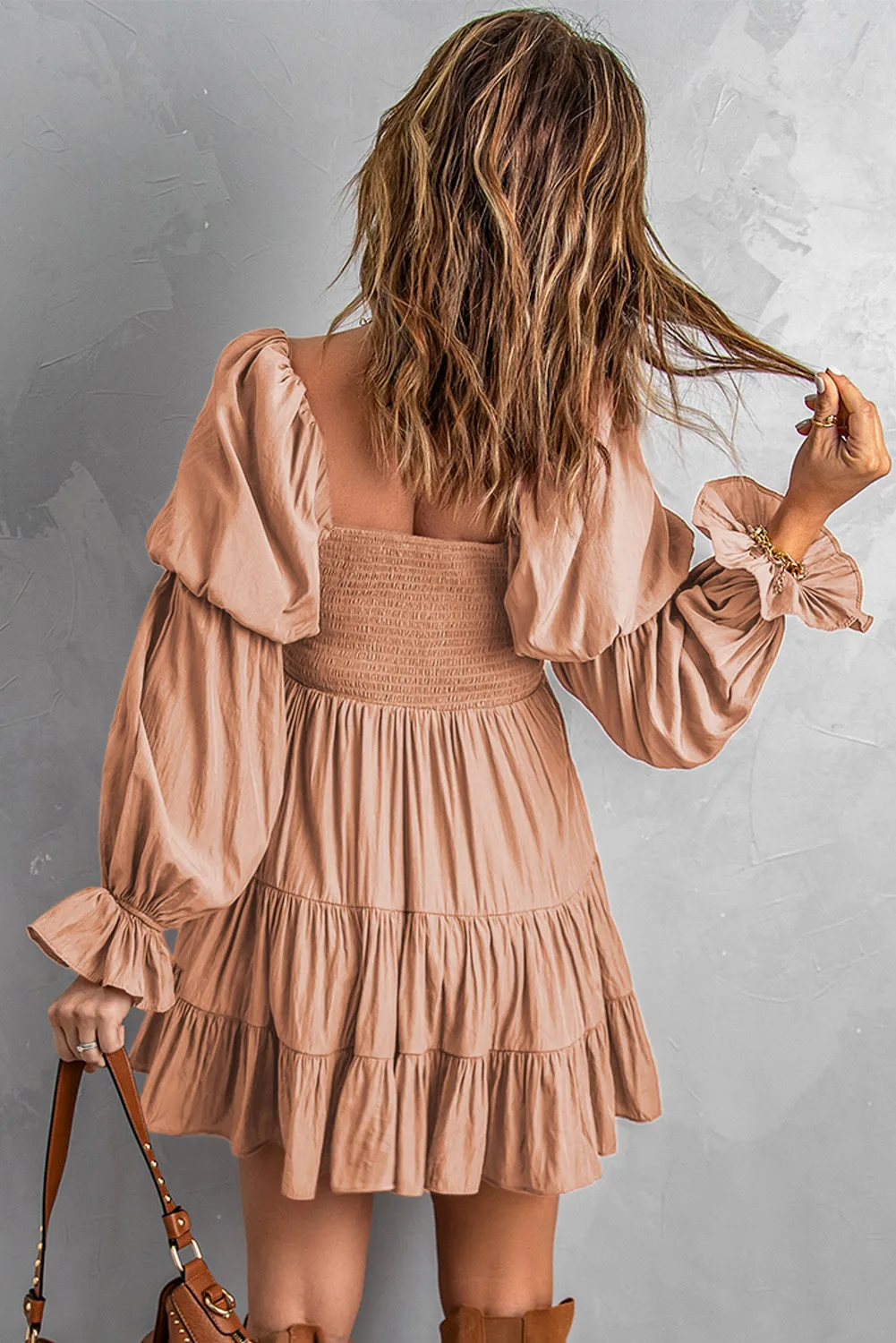 Pink Boho Solid Shirred Ruffle Mini Dress