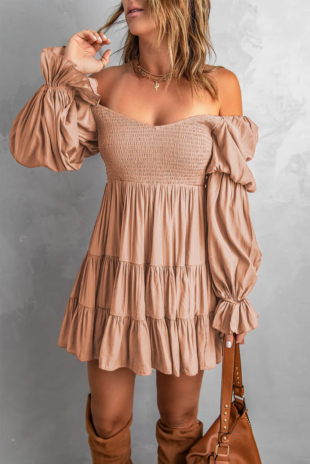 Pink Boho Solid Shirred Ruffle Mini Dress