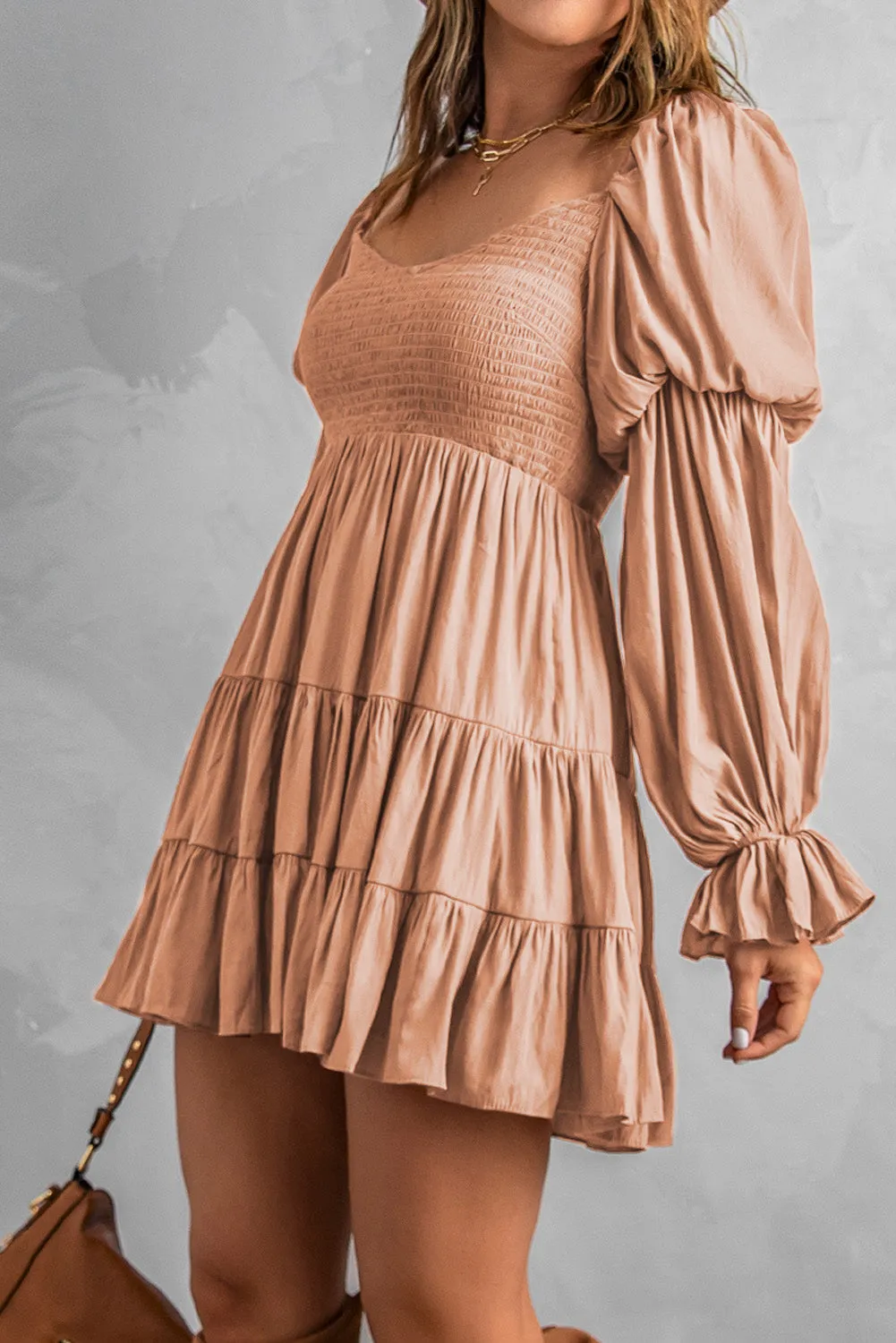 Pink Boho Solid Shirred Ruffle Mini Dress
