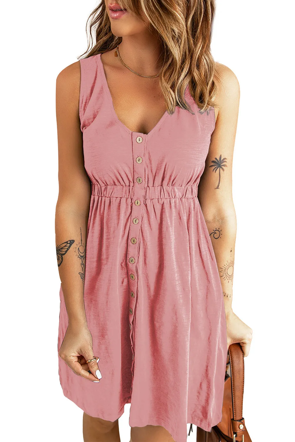 Pink Buttons Sleeveless High Waist Mini Dress
