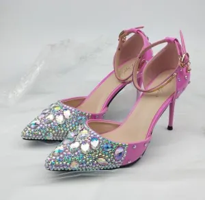 pink color women summer sandals pointed toe ankle strap crystal wedding shoes Bride thin heel party dress shoe