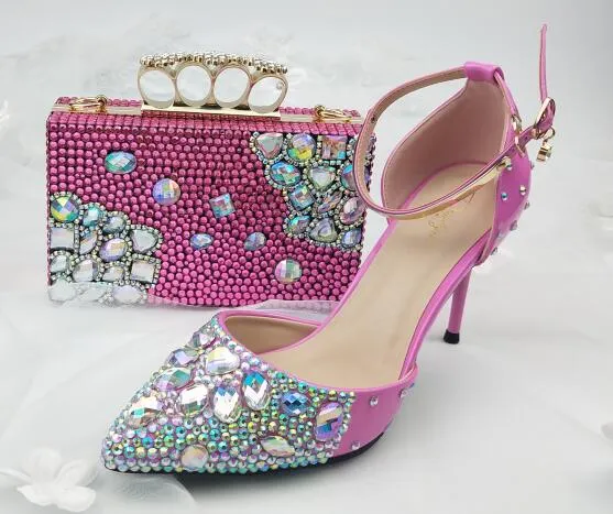 pink color women summer sandals pointed toe ankle strap crystal wedding shoes Bride thin heel party dress shoe