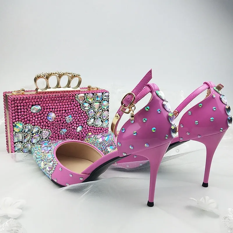 pink color women summer sandals pointed toe ankle strap crystal wedding shoes Bride thin heel party dress shoe
