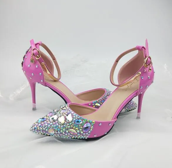 pink color women summer sandals pointed toe ankle strap crystal wedding shoes Bride thin heel party dress shoe