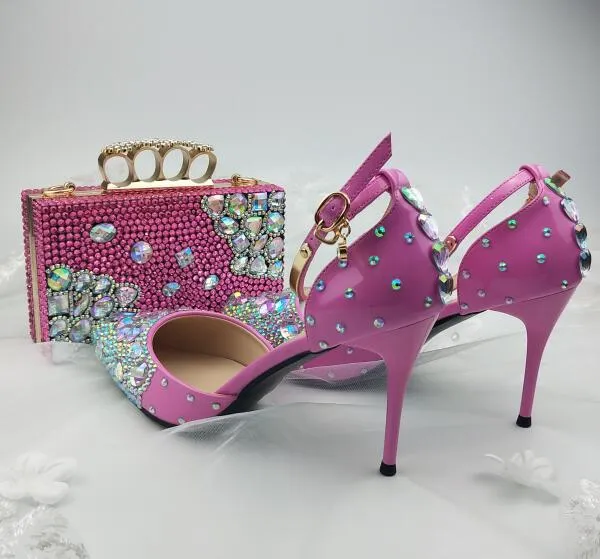 pink color women summer sandals pointed toe ankle strap crystal wedding shoes Bride thin heel party dress shoe