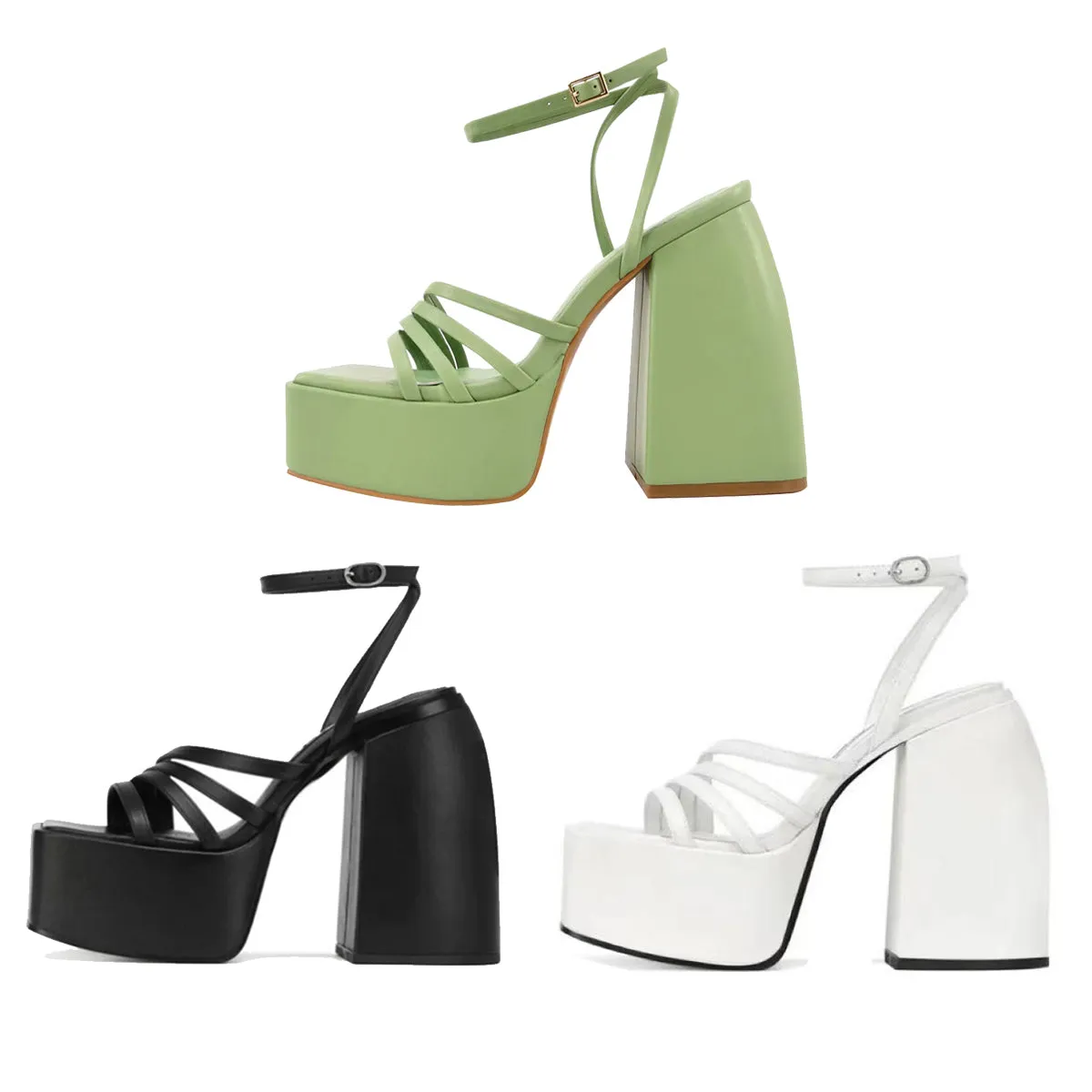 Platform Square Toe Ankle Strap Chunky Heel Sandals