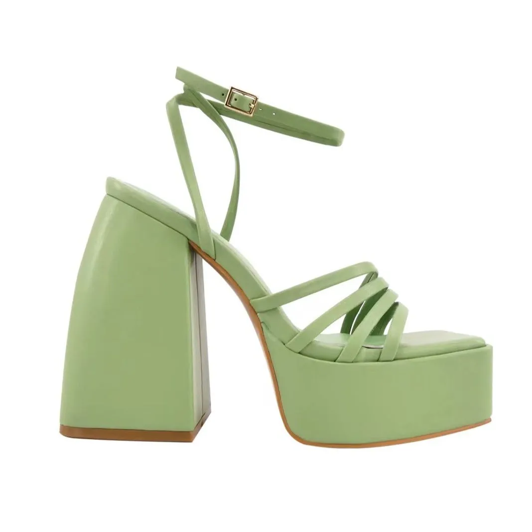 Platform Square Toe Ankle Strap Chunky Heel Sandals