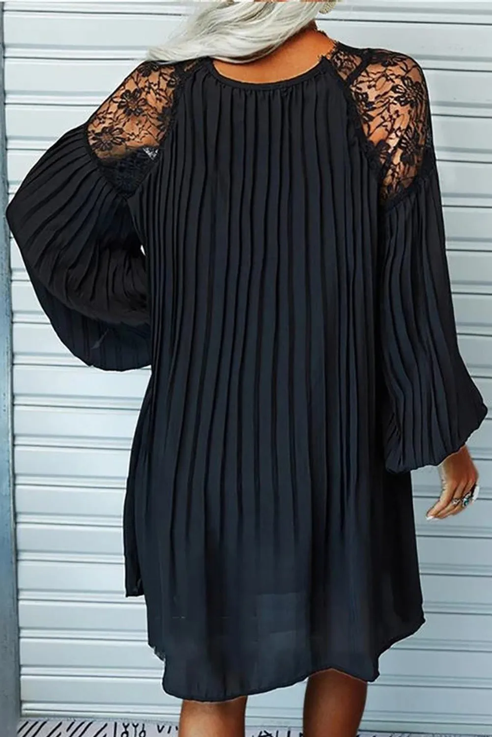 Pleated Lace Patchwork Lantern Sleeve Mini Dress