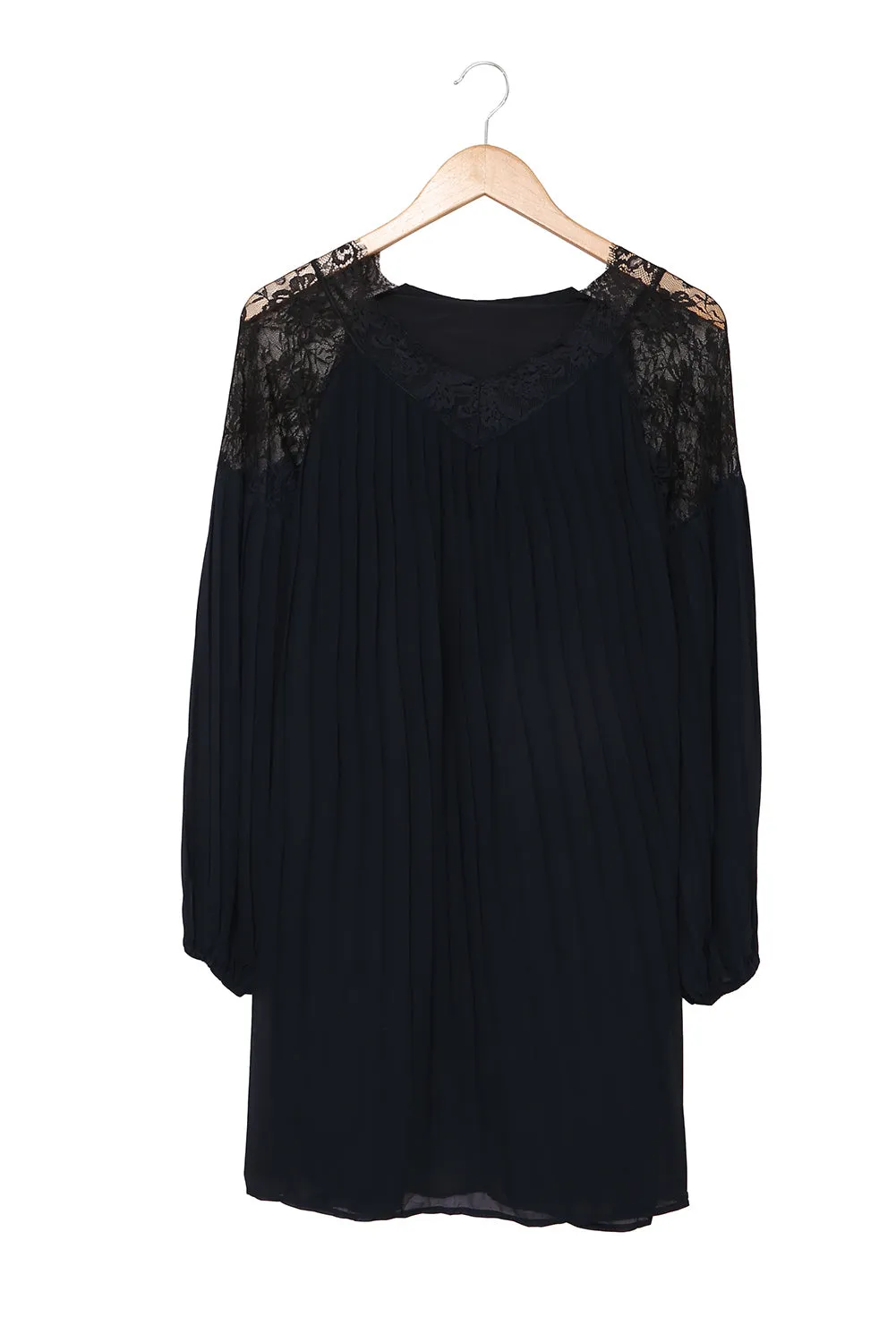 Pleated Lace Patchwork Lantern Sleeve Mini Dress