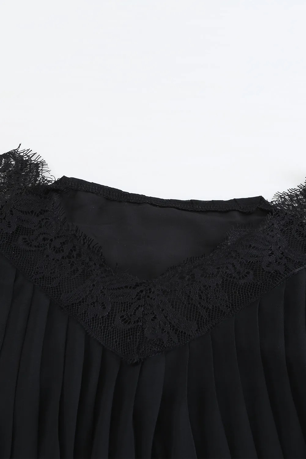 Pleated Lace Patchwork Lantern Sleeve Mini Dress