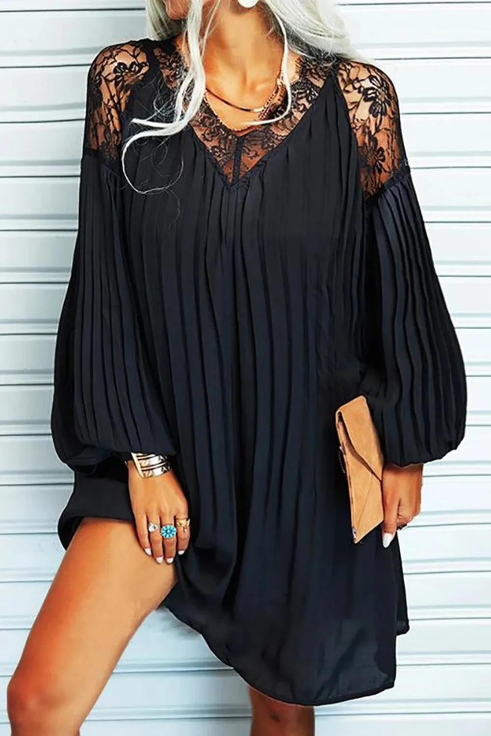 Pleated Lace Patchwork Lantern Sleeve Mini Dress