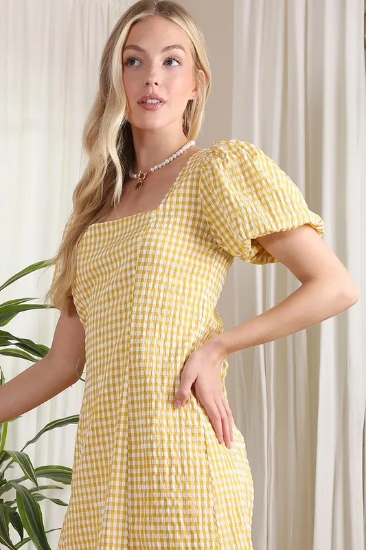 Puff sleeve gingham back strap dress