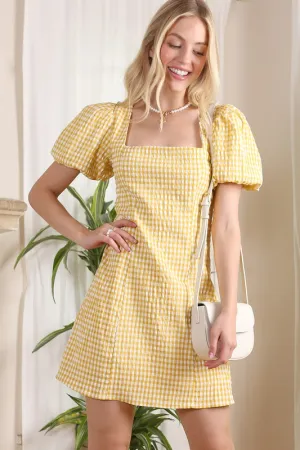 Puff sleeve gingham back strap dress