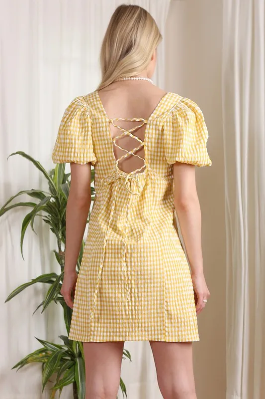 Puff sleeve gingham back strap dress