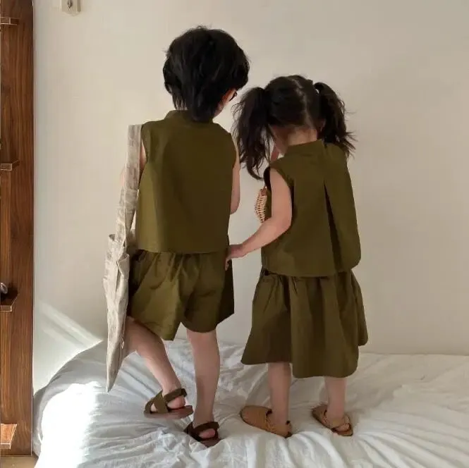 Reía Button Up Vest Top and Skirt Set (Olive)