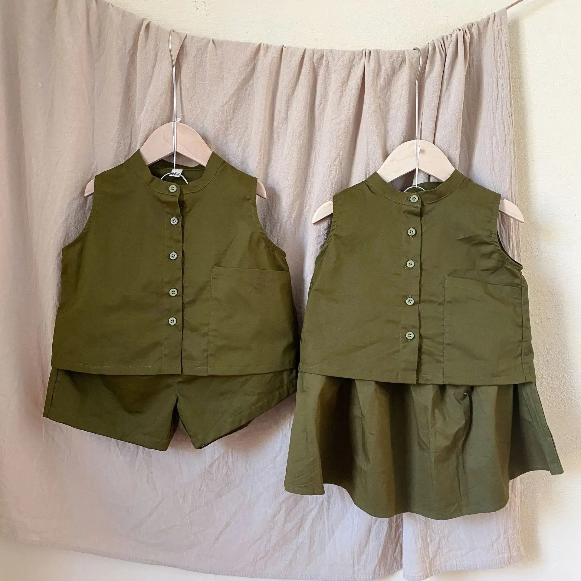 Reía Button Up Vest Top and Skirt Set (Olive)