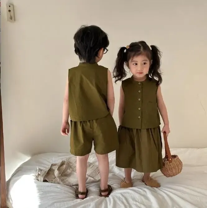 Reía Button Up Vest Top and Skirt Set (Olive)