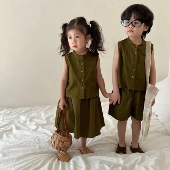Reía Button Up Vest Top and Skirt Set (Olive)