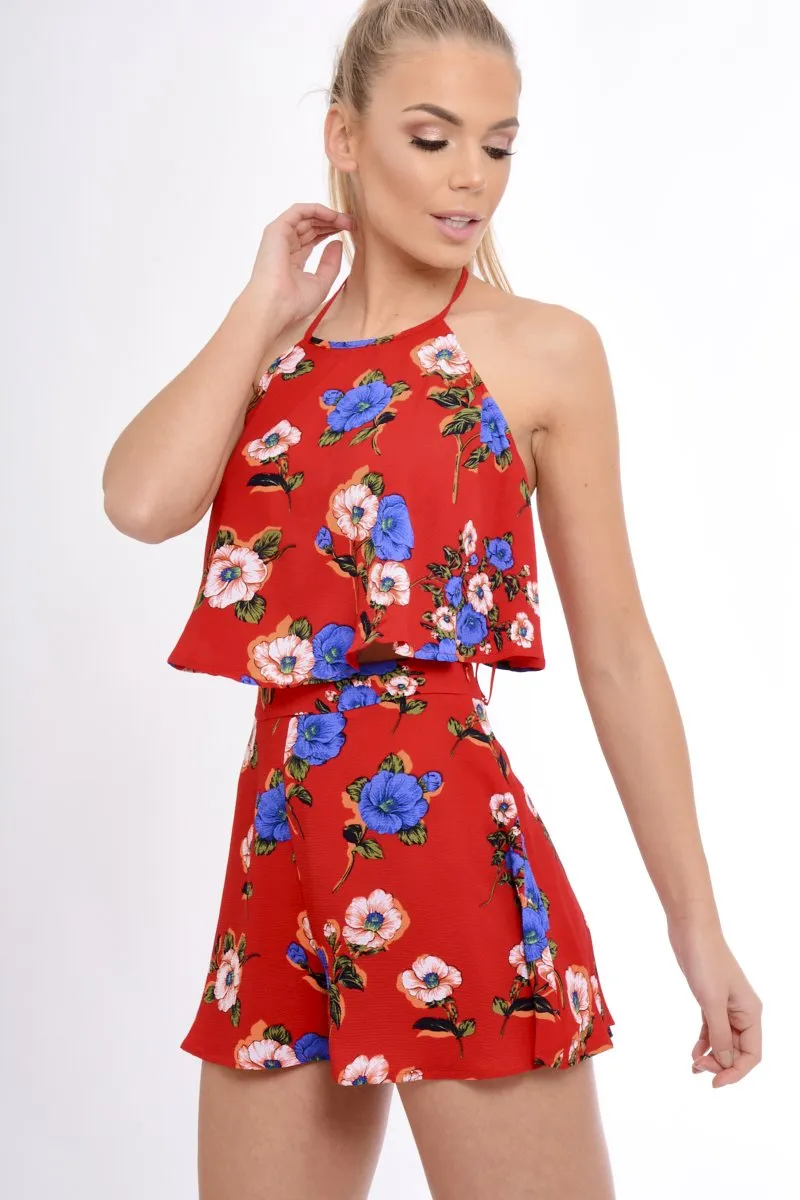 Red Floral High Waisted Shorts - Kamisha
