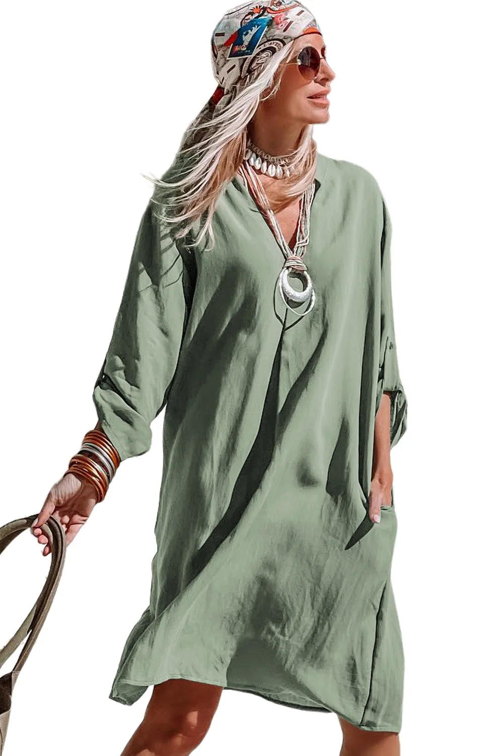Roll-tab Sleeve Flowy Casual Dress