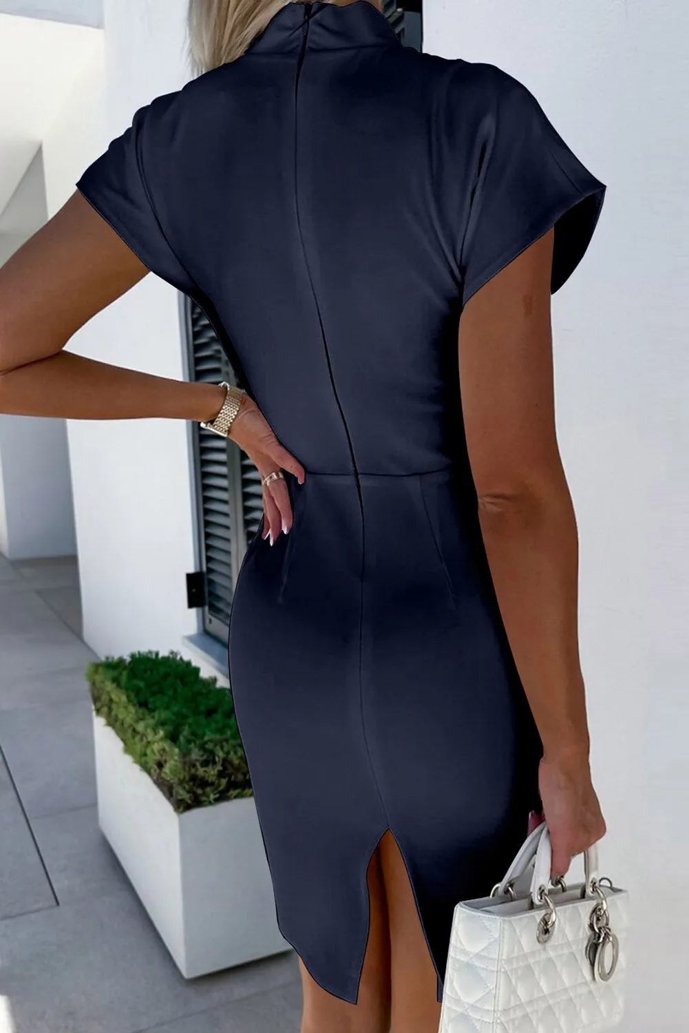 Short Sleeve Deep V-Neck Split Bodycon Dress