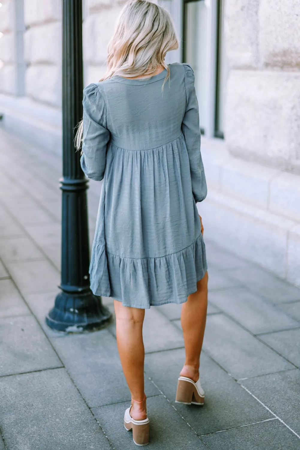 Sky Blue Buttoned Ruffled Long Sleeve Babydoll Dress