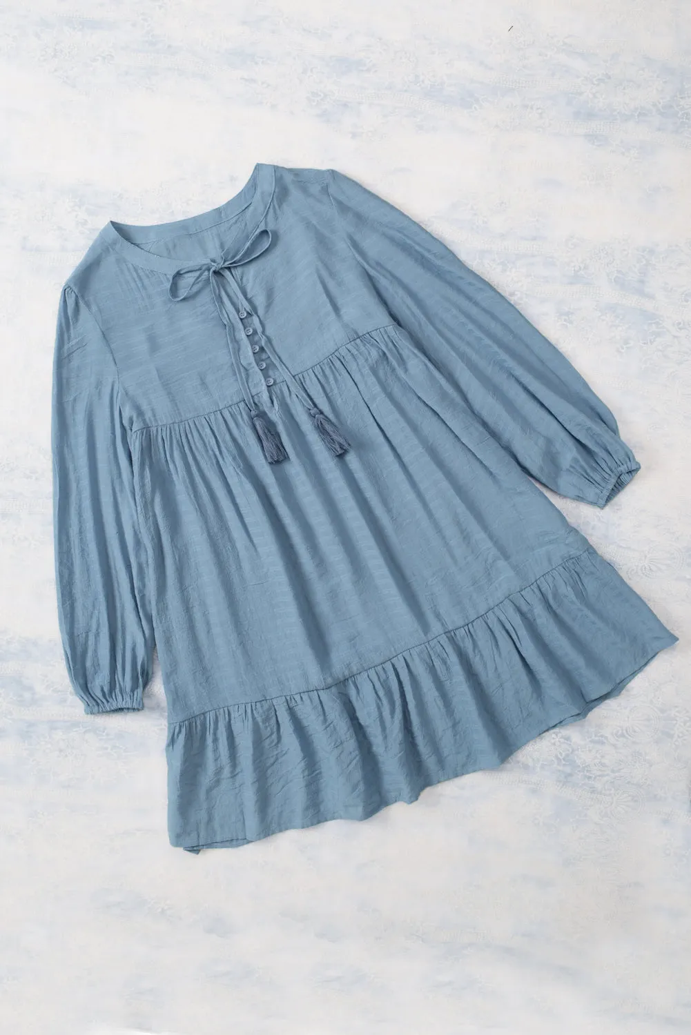 Sky Blue Buttoned Ruffled Long Sleeve Babydoll Dress