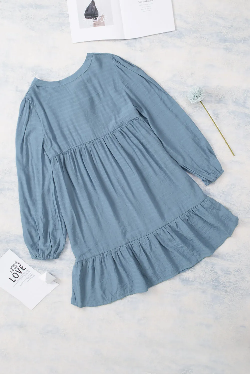 Sky Blue Buttoned Ruffled Long Sleeve Babydoll Dress