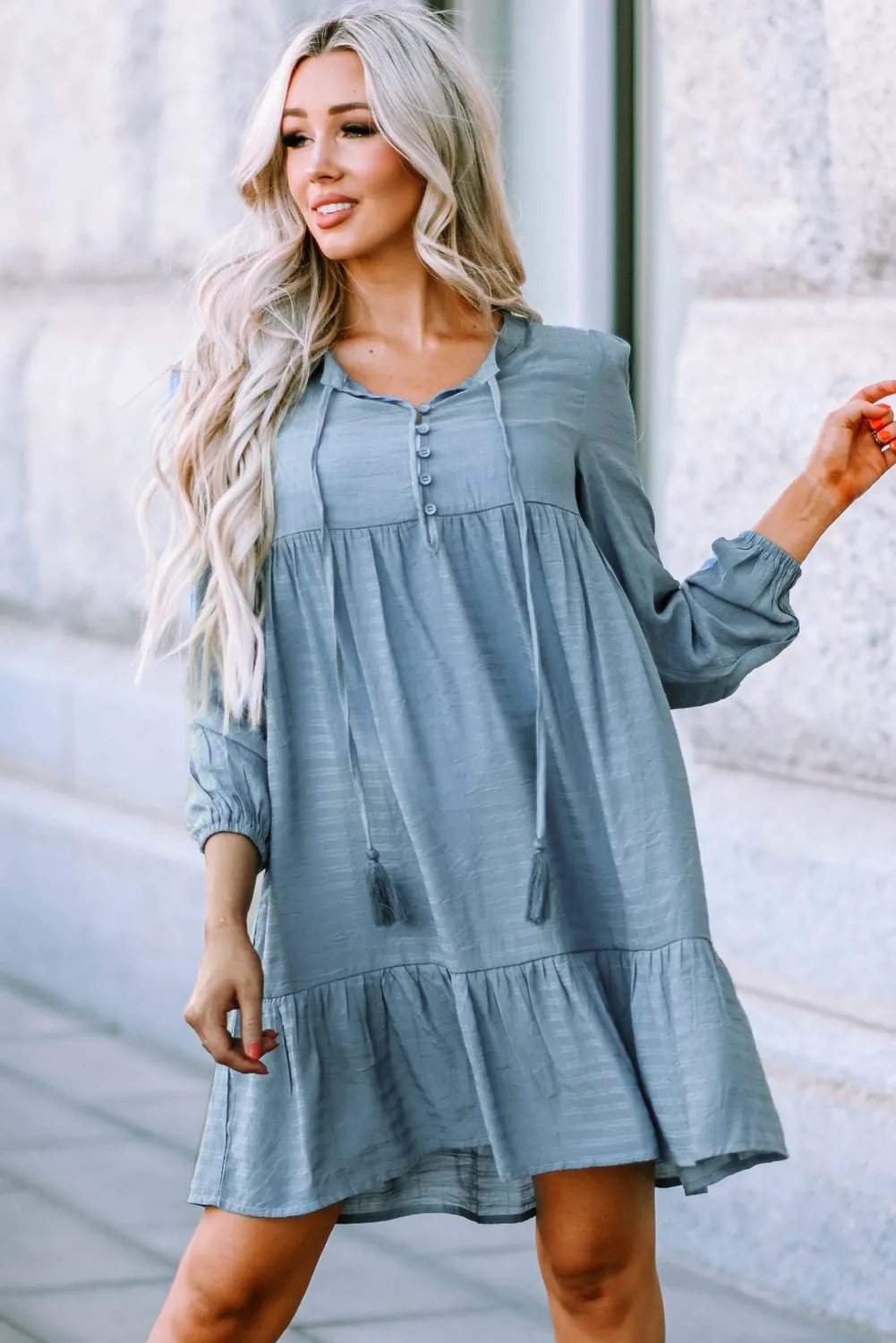 Sky Blue Buttoned Ruffled Long Sleeve Babydoll Dress