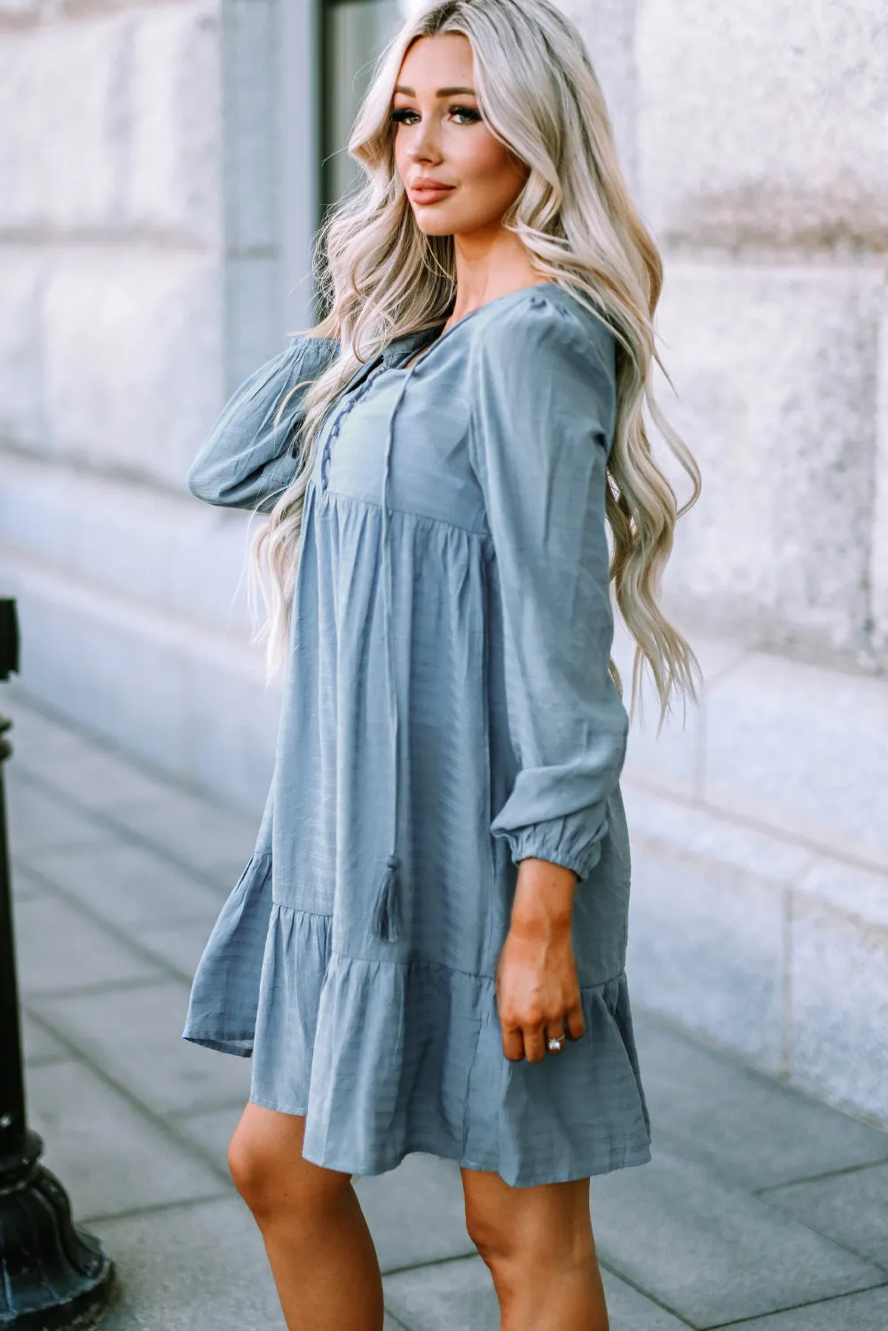 Sky Blue Buttoned Ruffled Long Sleeve Babydoll Dress