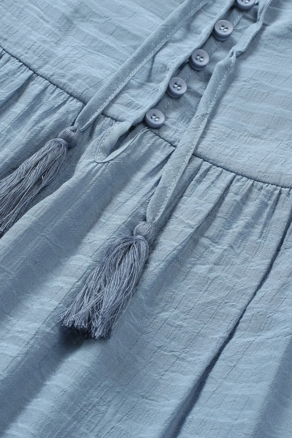Sky Blue Buttoned Ruffled Long Sleeve Babydoll Dress
