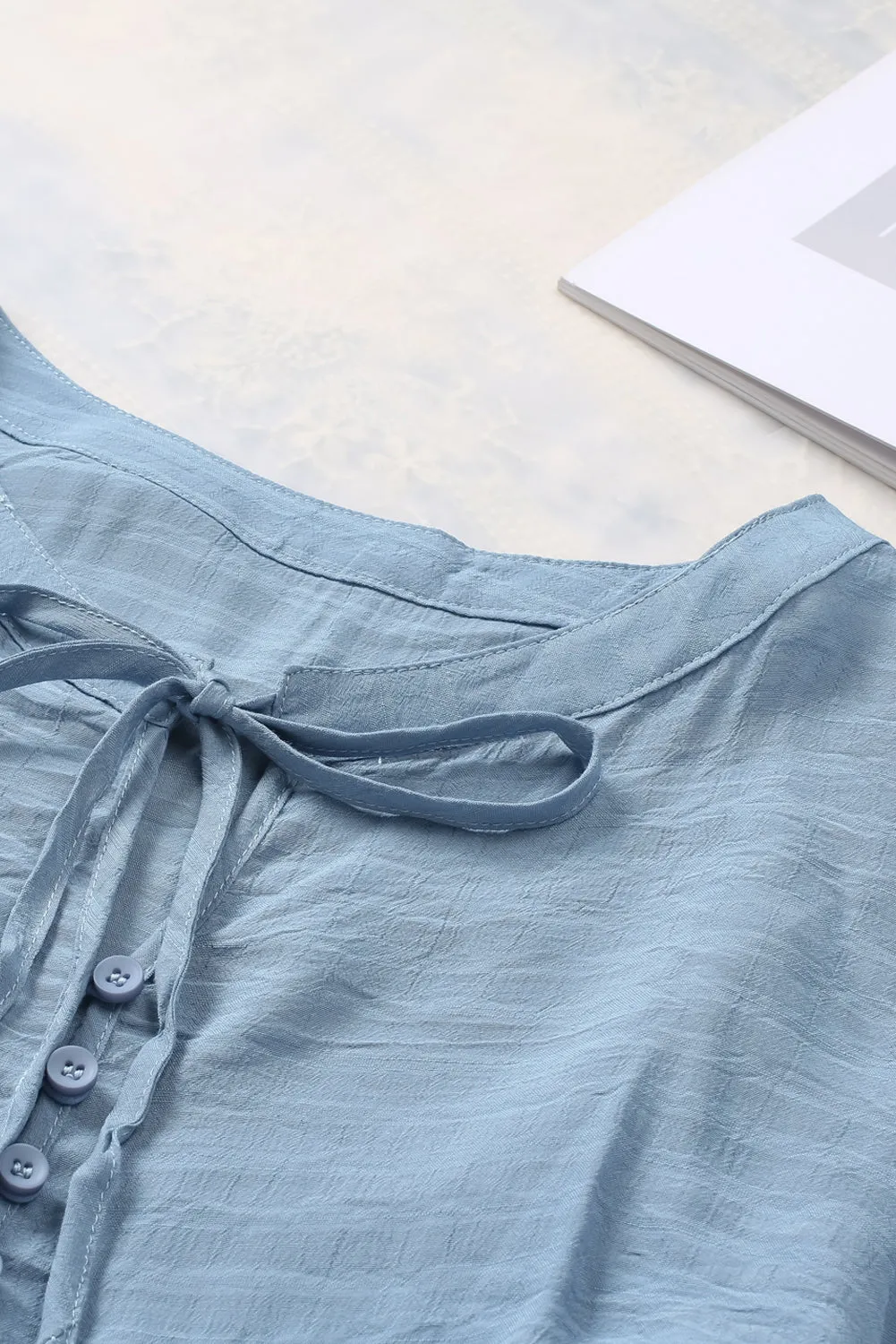 Sky Blue Buttoned Ruffled Long Sleeve Babydoll Dress