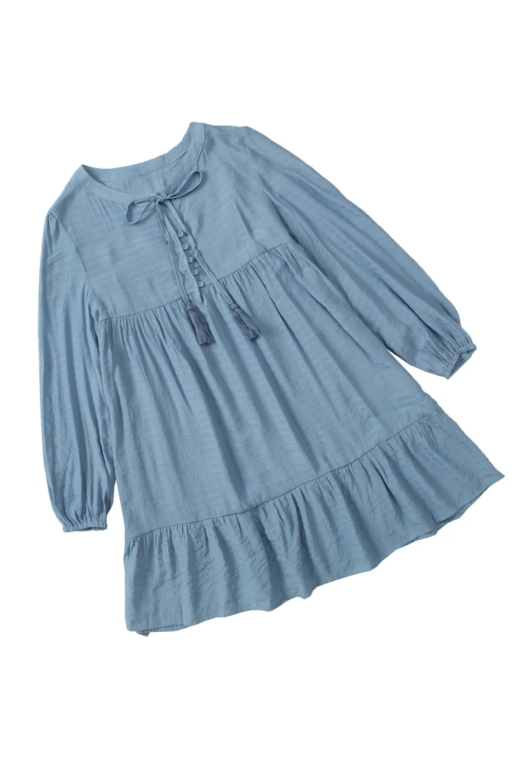 Sky Blue Buttoned Ruffled Long Sleeve Babydoll Dress