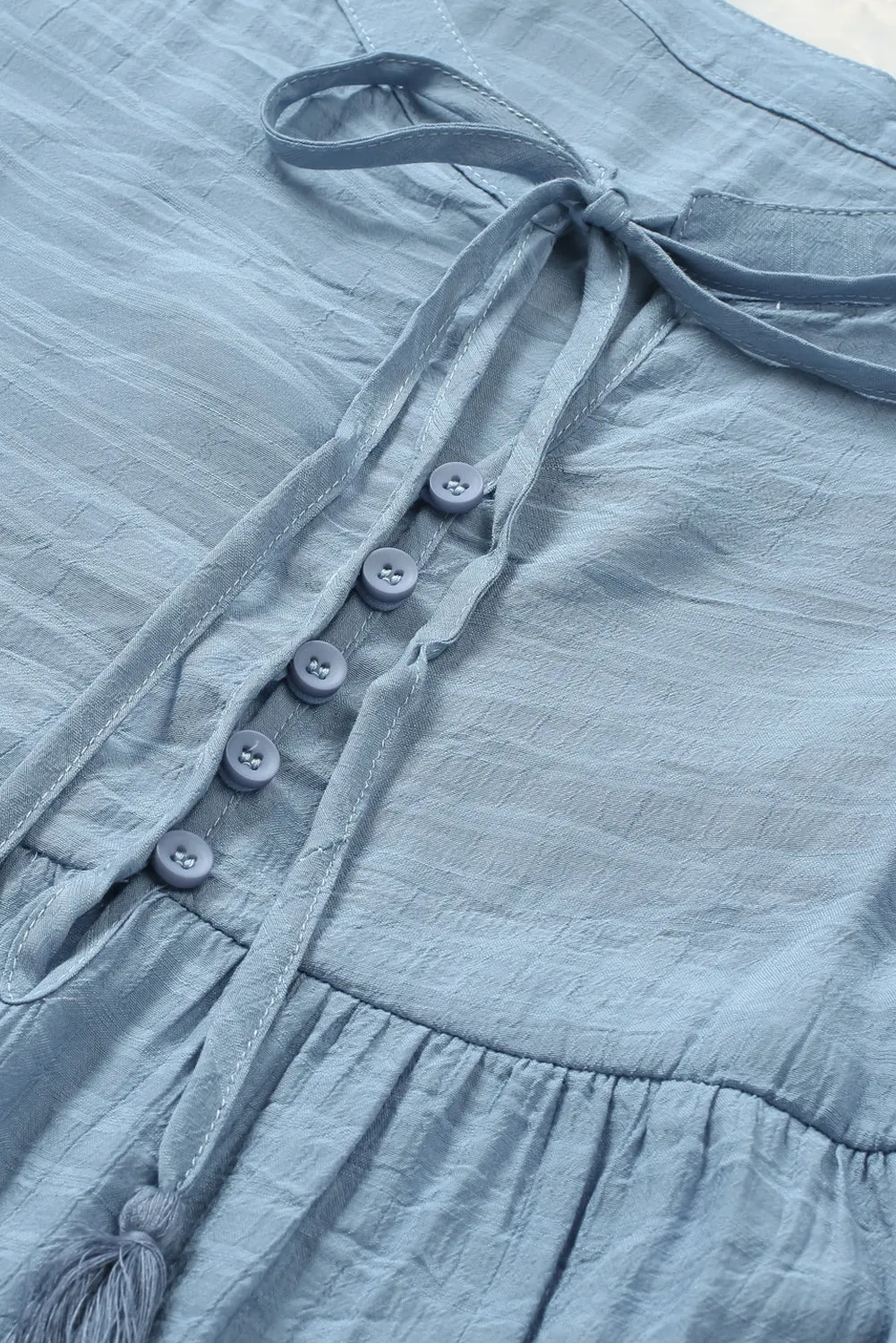 Sky Blue Buttoned Ruffled Long Sleeve Babydoll Dress