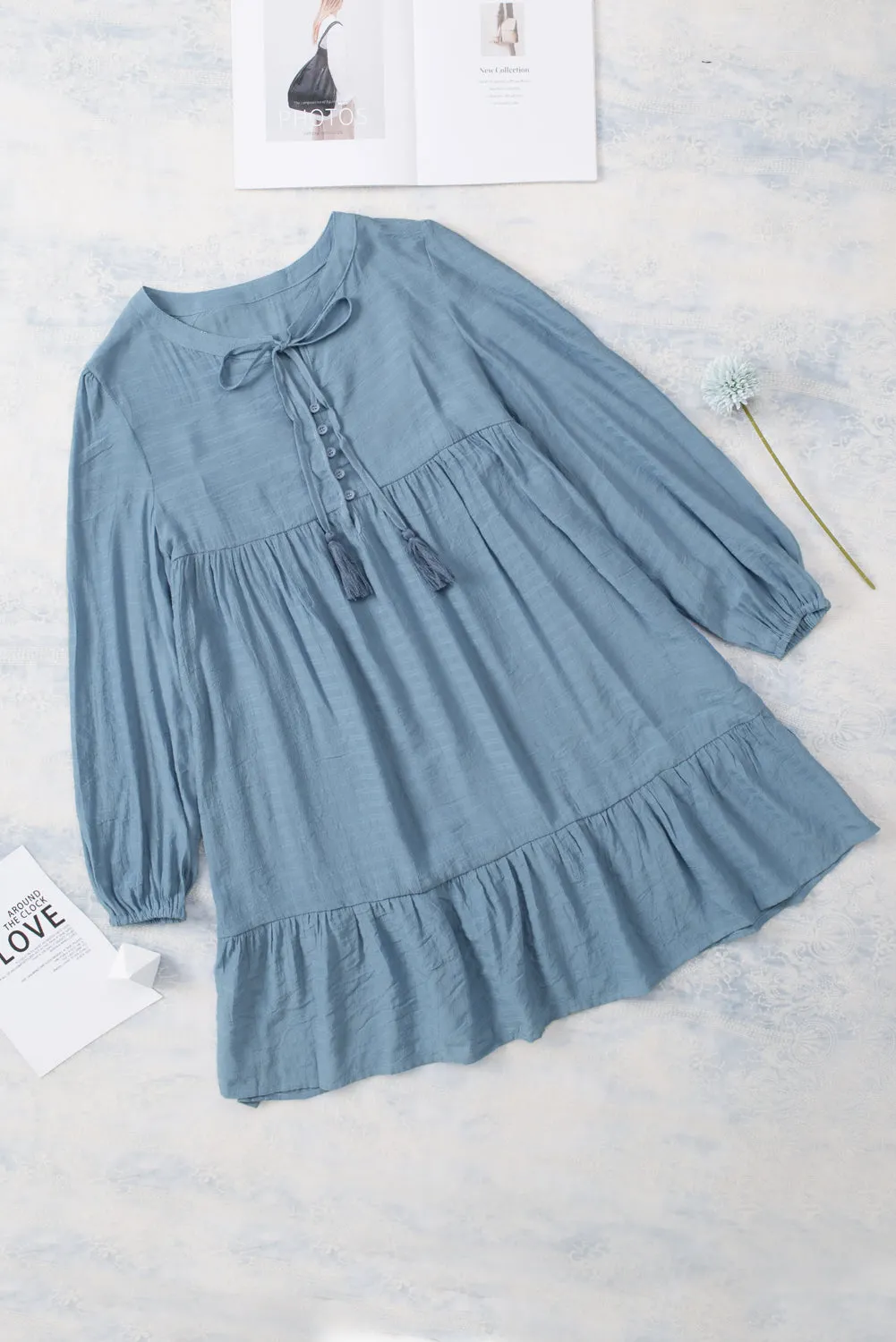 Sky Blue Buttoned Ruffled Long Sleeve Babydoll Dress