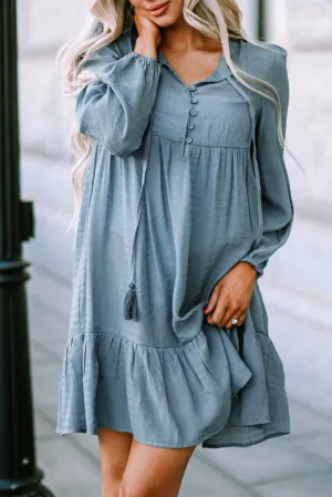 Sky Blue Buttoned Ruffled Long Sleeve Babydoll Dress