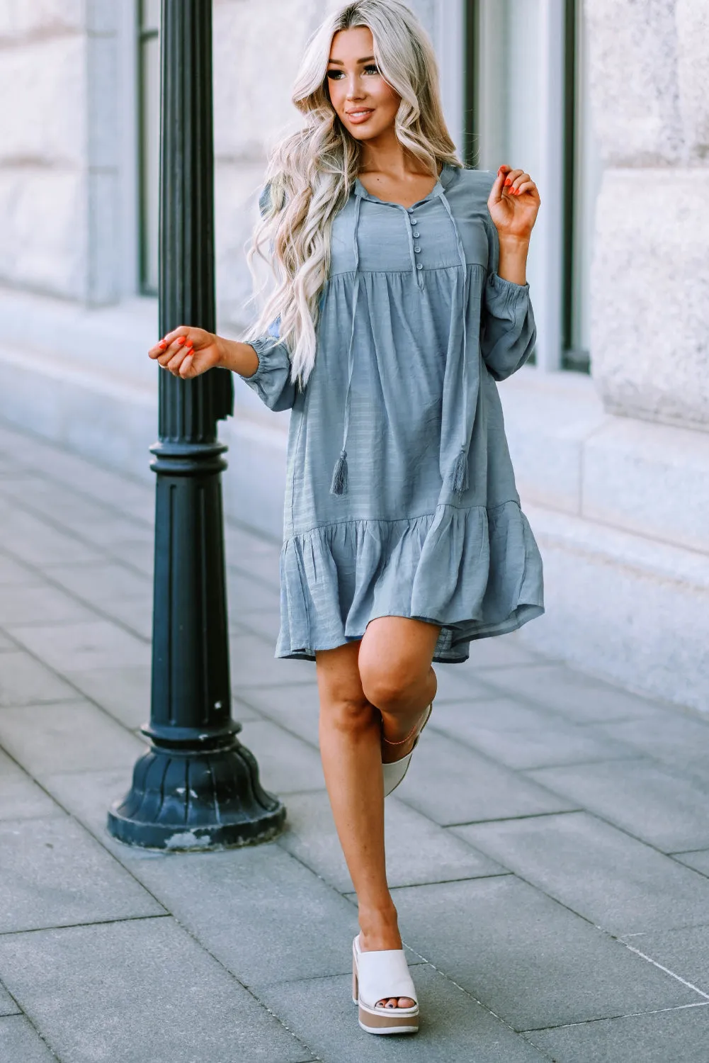 Sky Blue Buttoned Ruffled Long Sleeve Babydoll Dress
