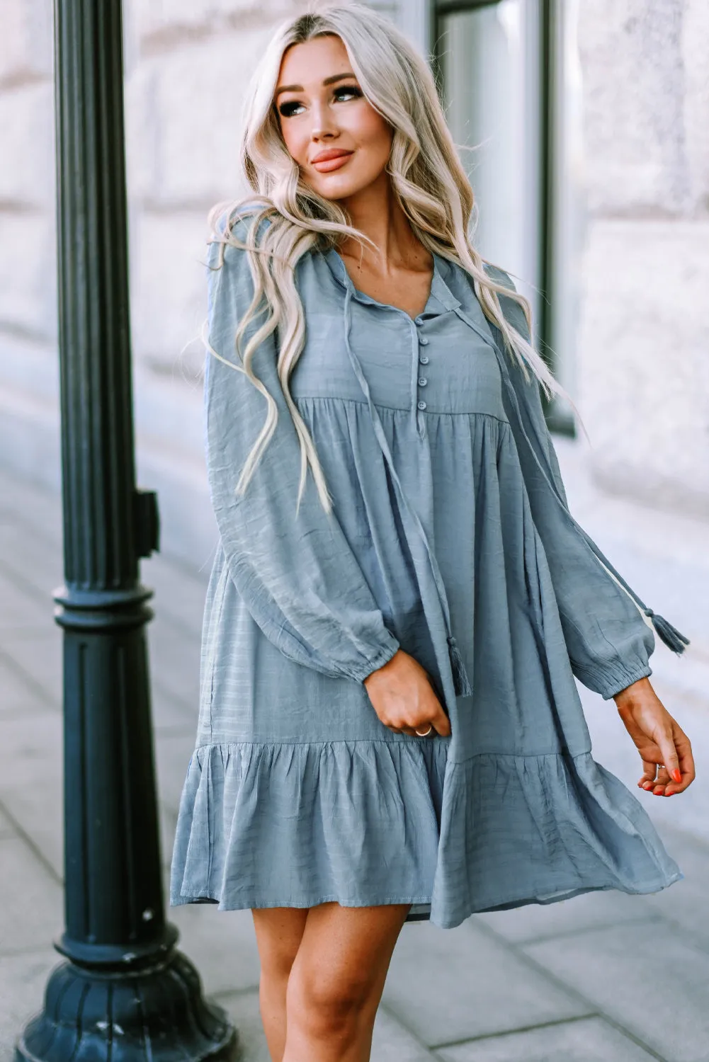 Sky Blue Buttoned Ruffled Long Sleeve Babydoll Dress