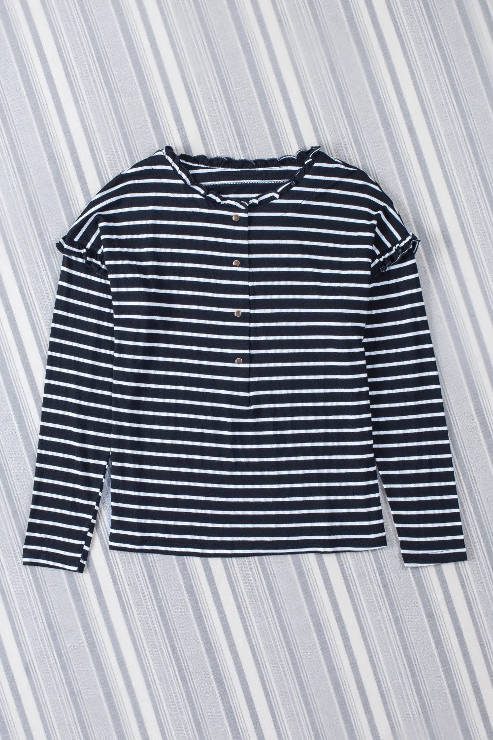 Striped Print Ruffled Buttoned Long Sleeve Top