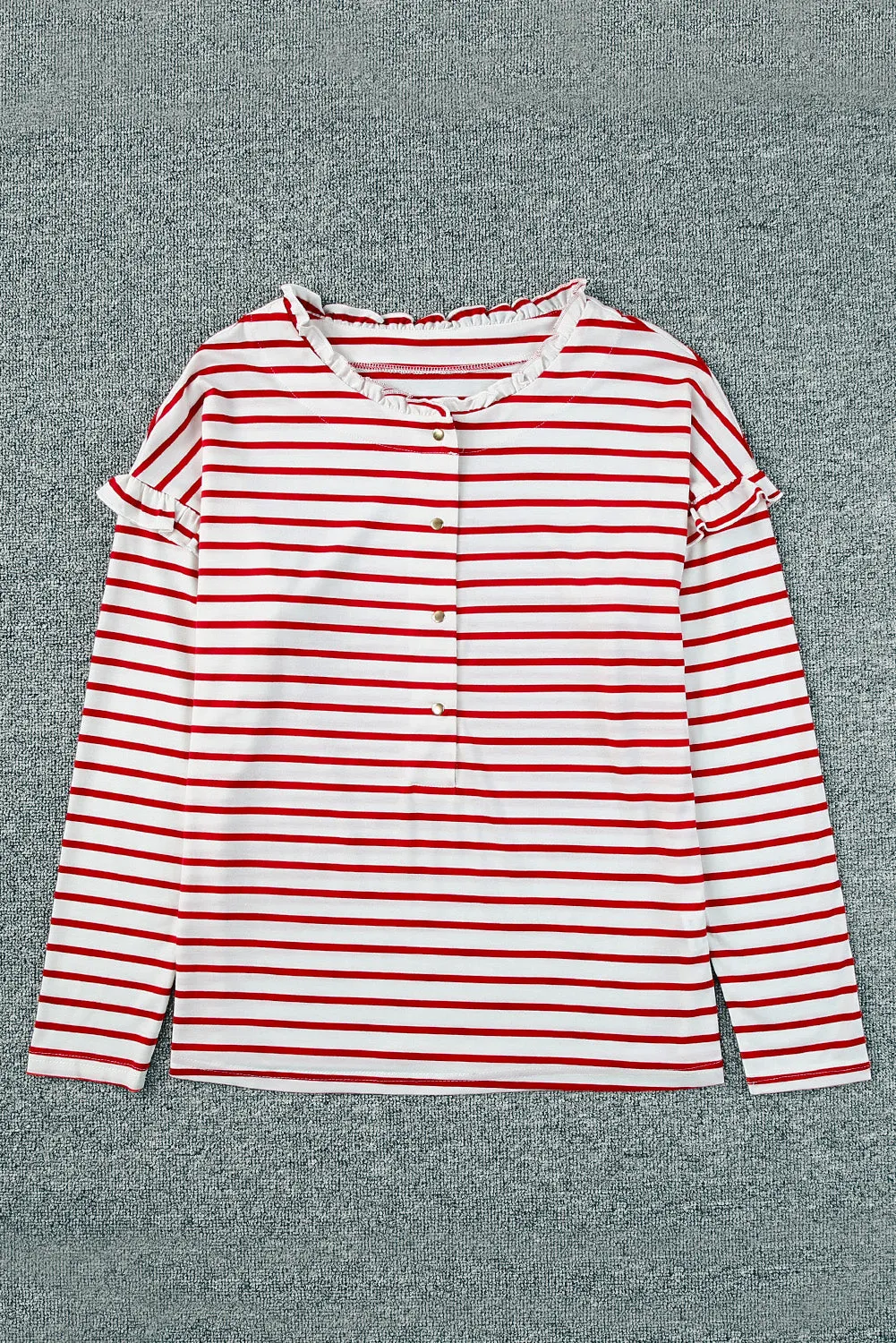 Striped Print Ruffled Buttoned Long Sleeve Top