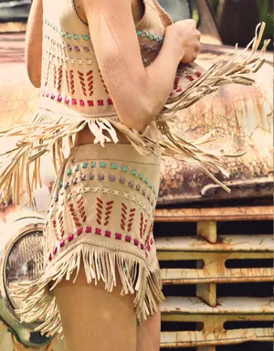 Suede Shorts with Fringe in Latte w/ Multicolor Stitching
