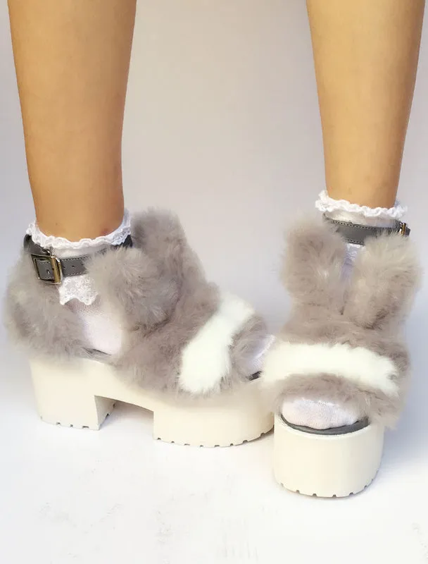 Sweet Lolita Shoes Faux Fur Bunny Platform Chunky Heel Open Toe Lolita Sandals