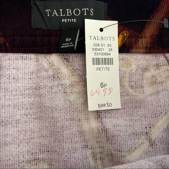 TALBOTS CORDUROY A-LINE SKIRT EQUESTRIAN PRINT SIZE 6 PETITE