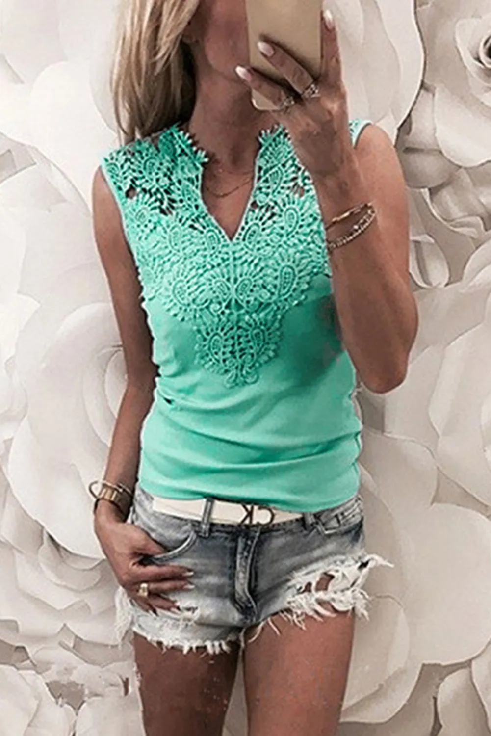 V Split Neck Crochet Patchwork Tank Top