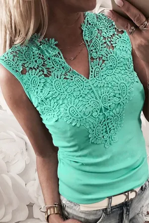 V Split Neck Crochet Patchwork Tank Top