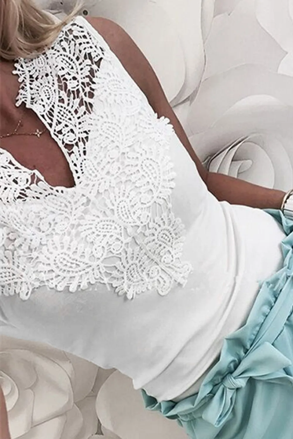 V Split Neck Crochet Patchwork Tank Top